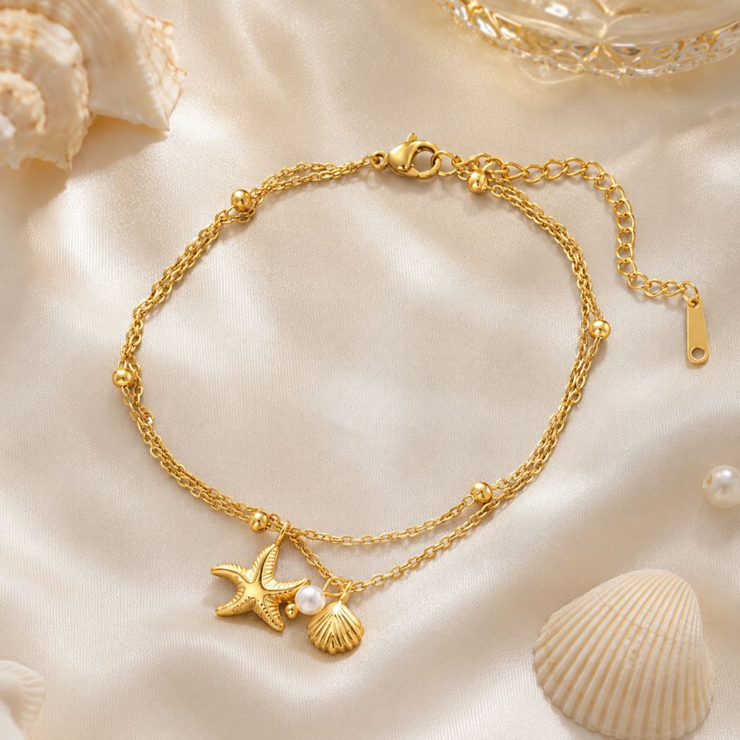Double Layer Premium 22k Gold Plated Sea Pearl and Starfish Design anklet Payel - Image 3