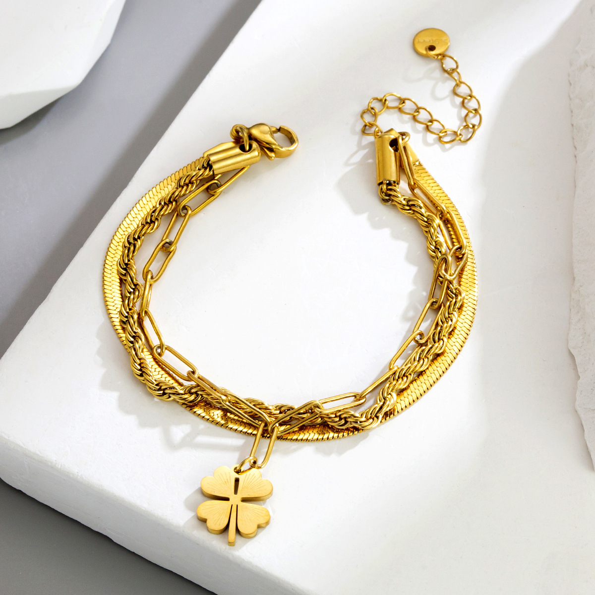 3 Chain with 1 flower Stainless Steel Gold Plated Chain Bracelet - Image 2
