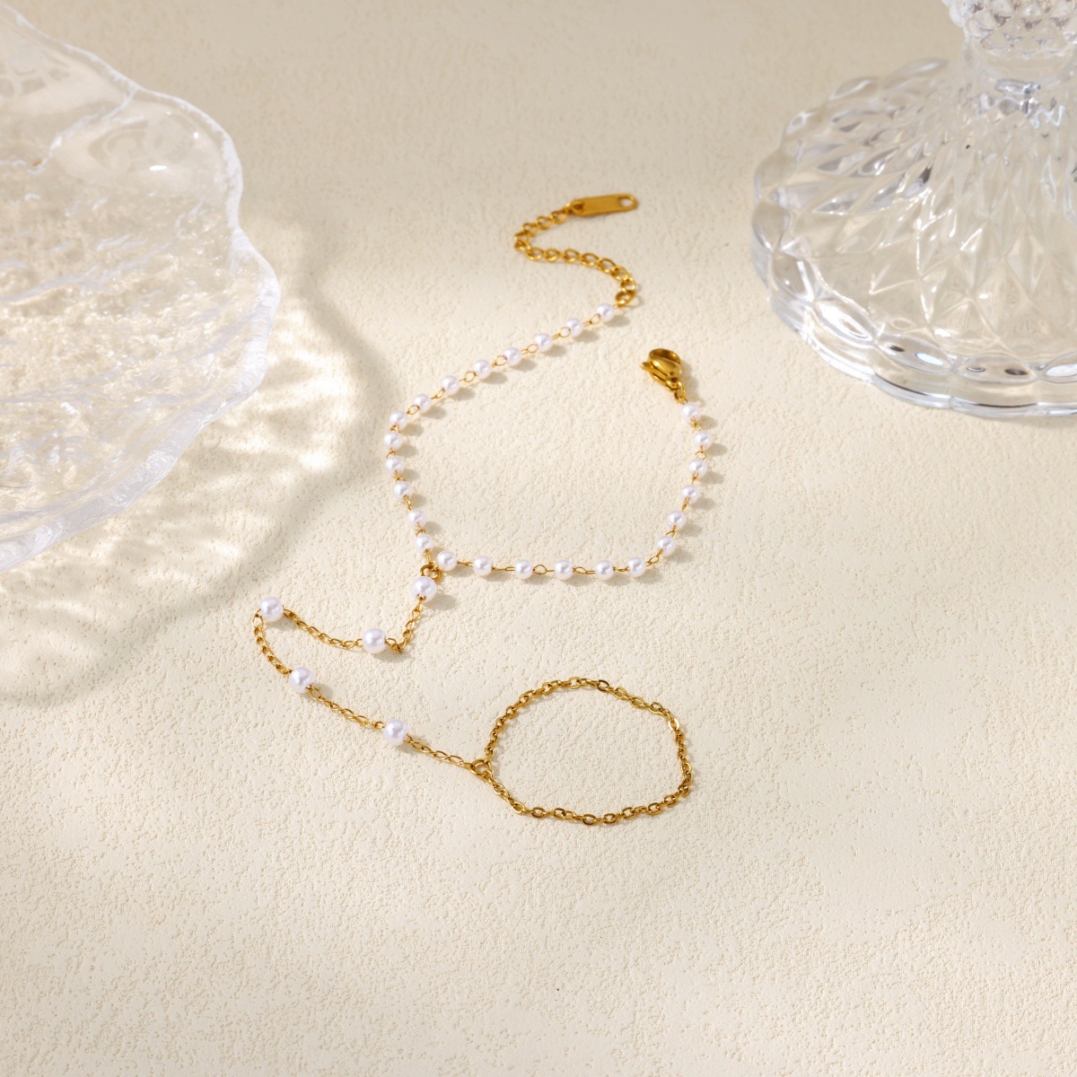 22 karet Stainless Steel Gold Plated Pearl Bracelet Chain Attached Ring - Image 2