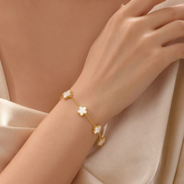 Alternative view of Roman 5 flower White Color Gold Plated Chain Bracelet