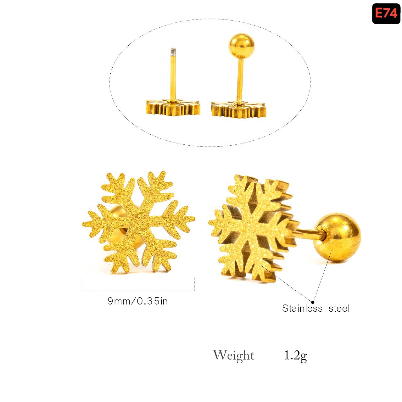 Snow Crystal shining with attach pin 22karet Gold plated Earrings - Image 3
