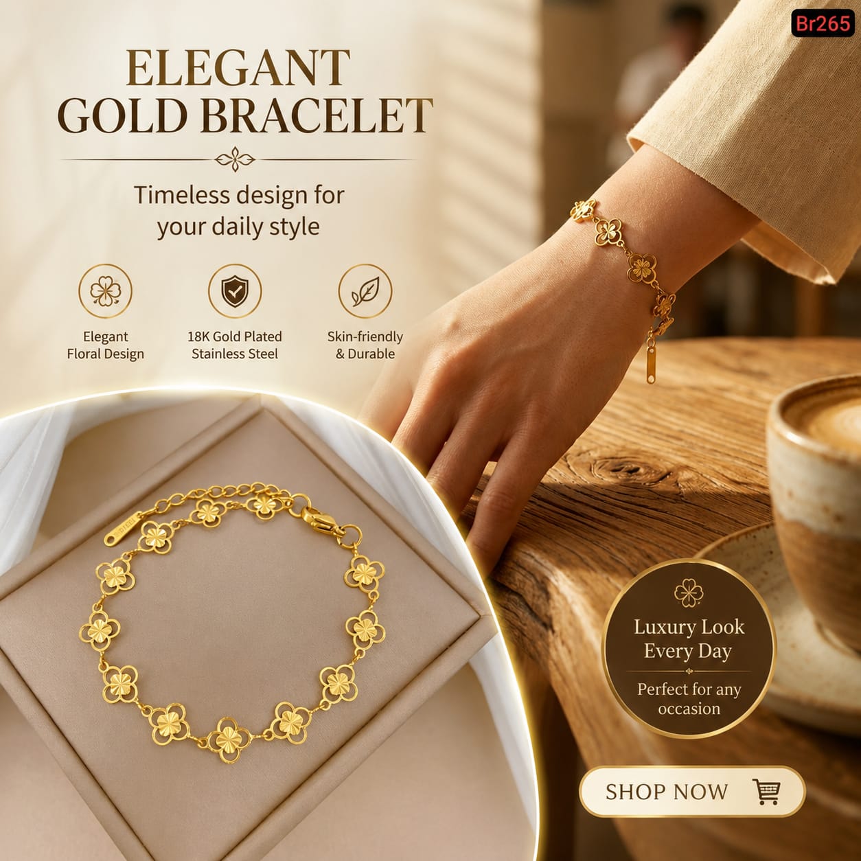 New 22k gold plated shining Floral bracelet B-01
