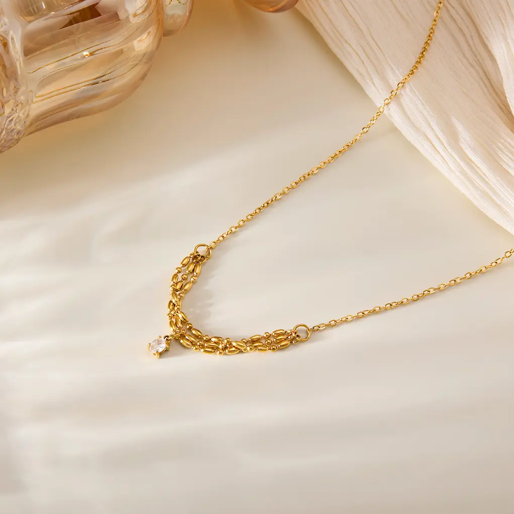 3 Layer Chain with White Zircon Stone pendant 22Karet Gold Plated Necklace - Image 2