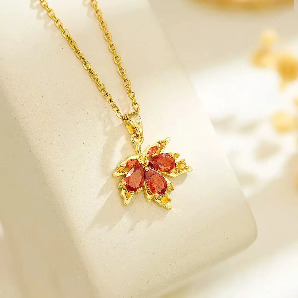 Red Zircon Stone maple Leaf Pendant 22Karet Gold Plated Chain Necklace