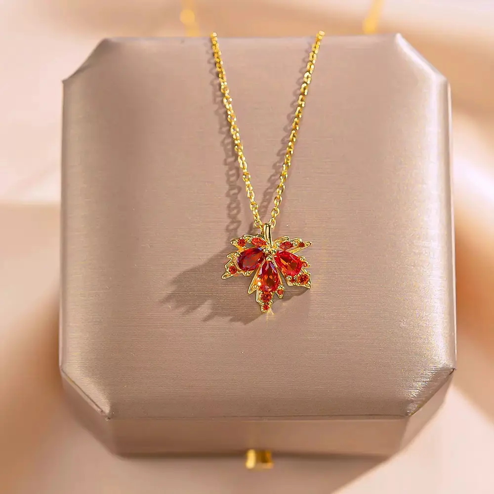 Red Zircon Stone maple Leaf Pendant 22Karet Gold Plated Chain Necklace - Image 2