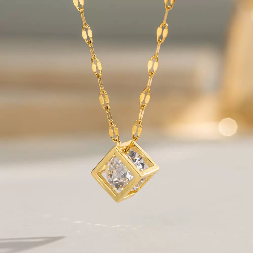 White Stone Inside Golden Square Box Hanging Pendant 22Karet Gold Plated Necklace - Image 3