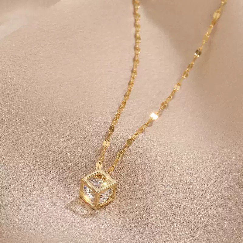 White Stone Inside Golden Square Box Hanging Pendant 22Karet Gold Plated Necklace - Image 2
