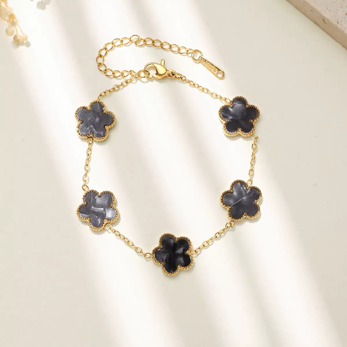 Roman 5 flower Black Color Gold Plated Chain Bracelet - Image 2